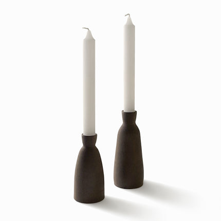 chocolate brown sandstone stoneware candlesticks + candles – set of 2